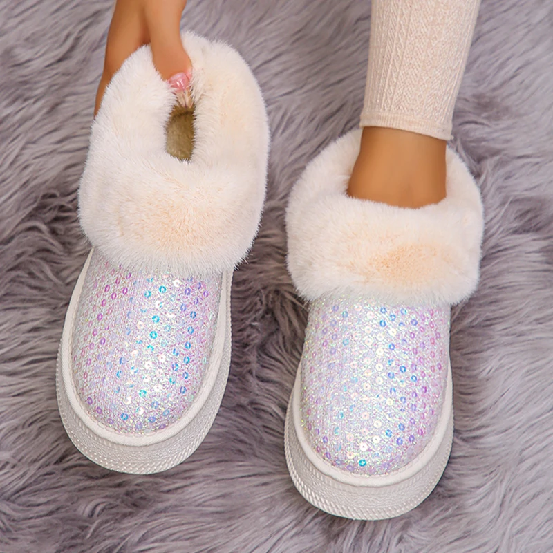 Shiny Silver Sequin Snow Boots Women 2024 Winter Warm Thicken Plush Platform Ankle Boots Woman Thick Bottom Cotton Padded Shoes