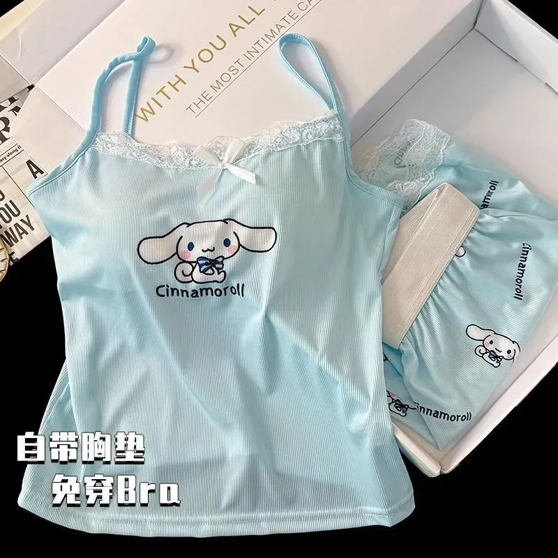 

Kawaii Sanrio Hello Kitty Women Summer Ice Silk Sleeveless Suspender Vest Pajamas Two Piece Set with Chest Pad Loungewear Cute