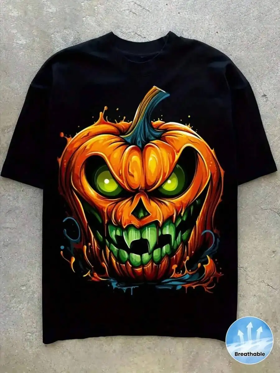 Men's Plus Size T-Shirt Spooky Pumpkin Face With Eyes Orange Flames Soft Breathable Crew Neck Retro All-Season Costume Party
