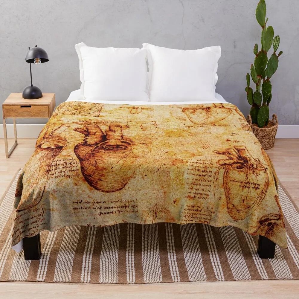 

Heart And Its Blood Vessels, Leonardo Da Vinci Anatomy Drawings,Yellow Brown Parchment Throw Blanket Warm Vintage Sofas Blankets