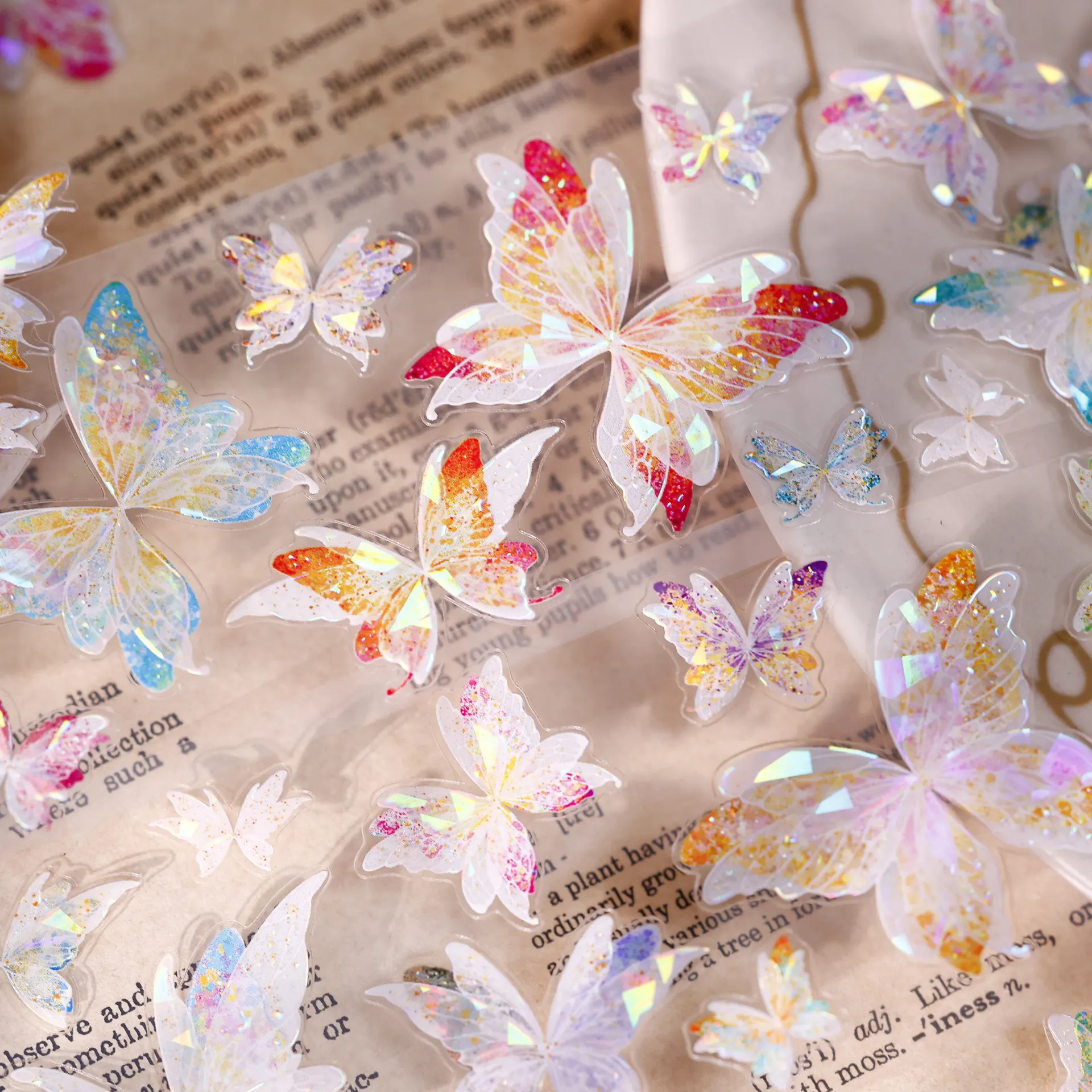 Vintage Oil Painting Semi-Transparent Butterfly Dance PET Shell Shiny Die-Cut Tape for Journal Scrapbooking