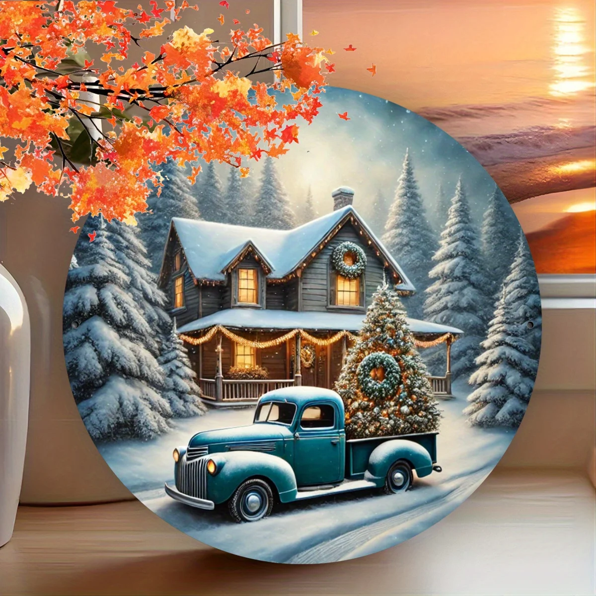 Pickup Truck & Christmas Tree Round Metal Sign - Perfect for Home, Cafe, Apartment, Restaurant Wall Decor | Ideal Holiday Gift
