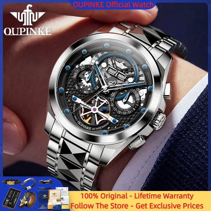 

OUPINKE 3249 Flywheel Skeleton Men Watch Fashion Original Automatic Mechanical Watch Top Luxury Brand Waterproof Men Watch Reloj