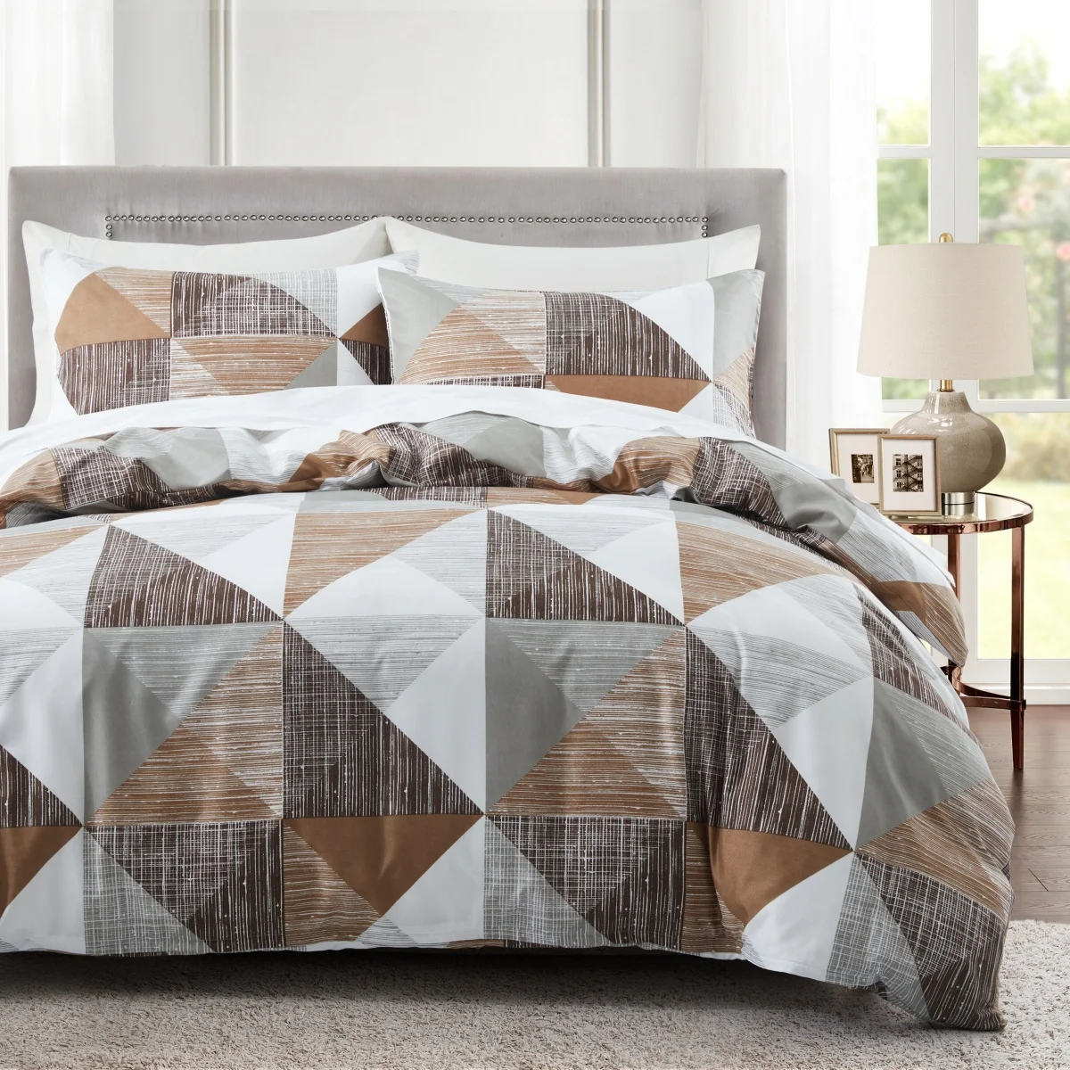 Geometric Duvet Cover Queen Single Modern Abstract Triangle Pattern Bedding Set Luxury Soft Grey Brown Stripes Comforter Cover