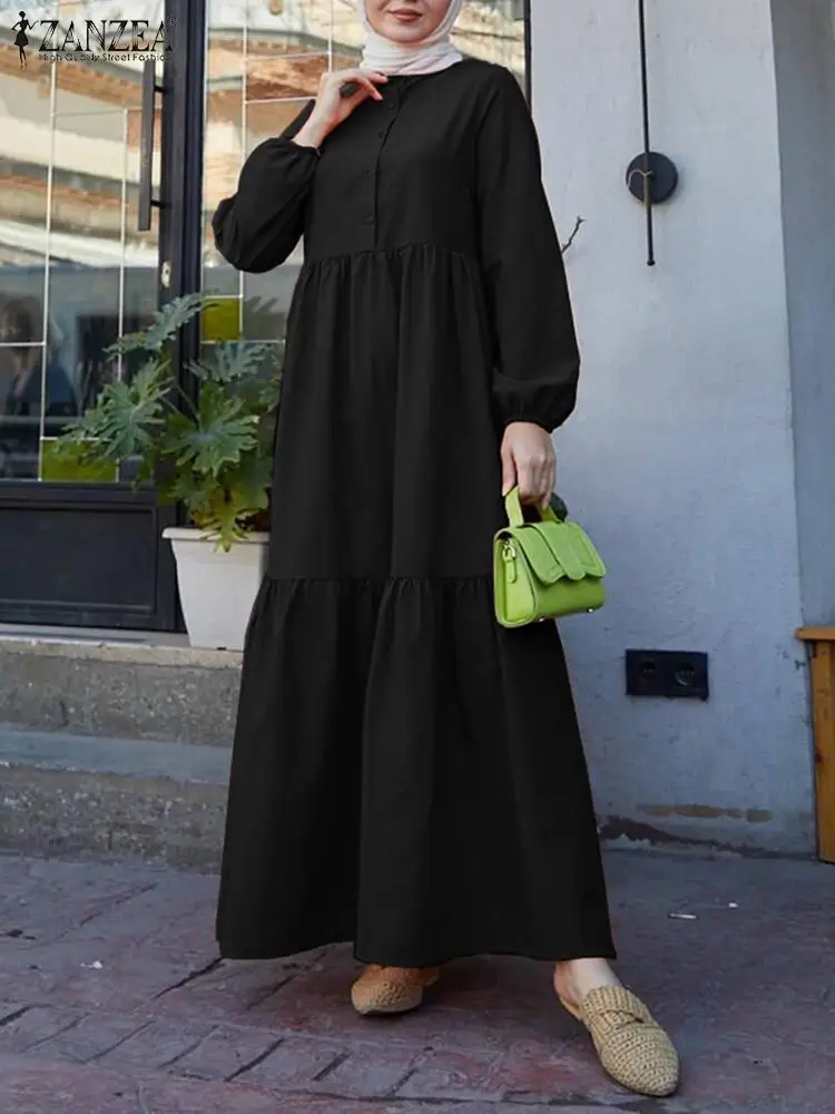 

ZANZEA Women Solid Islamic Clothing Robe Femme Autumn Vintage Dubai Turkey Muslim Sundress Fashion Long Sleeve Abaya Hijab Dress