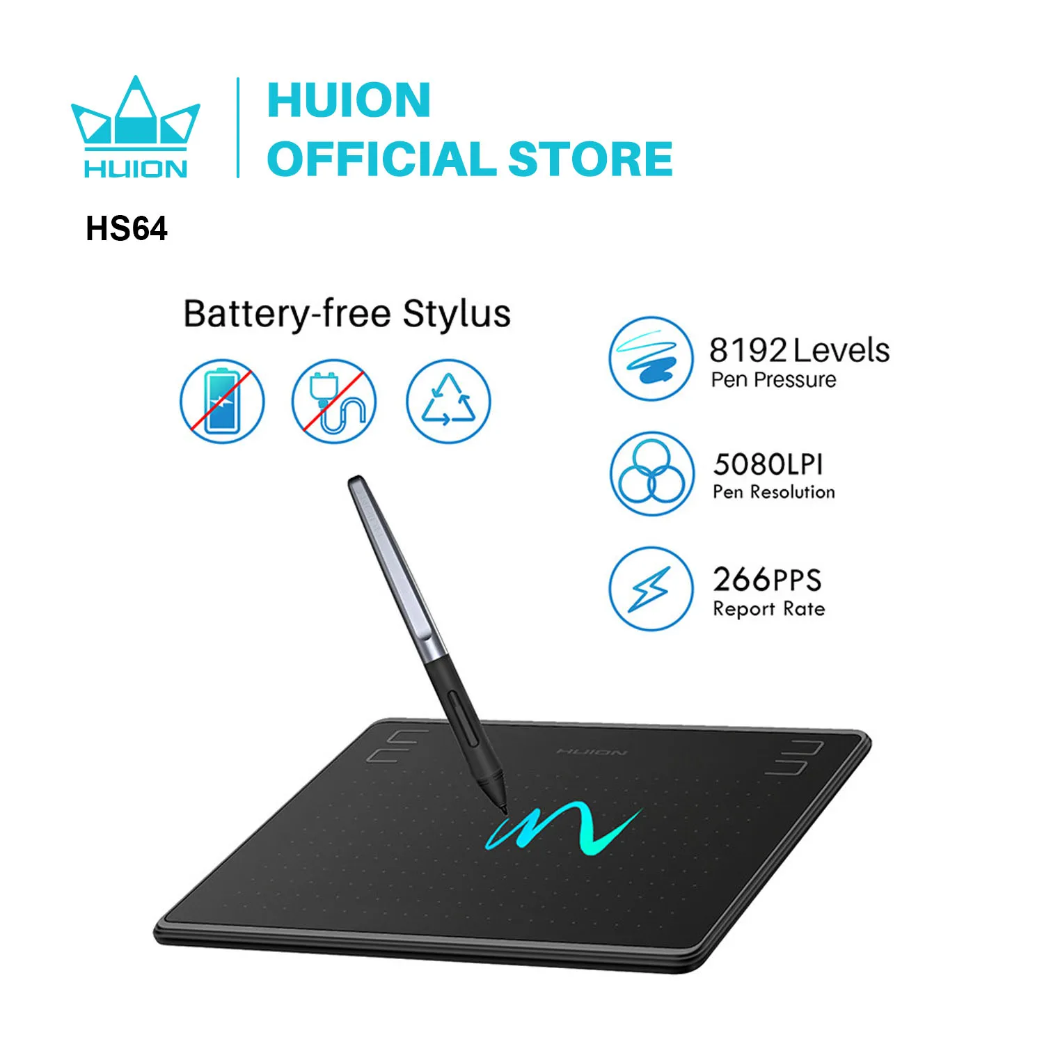 HUION Drawing Tablet HS64 6x4 Inches Graphic Painting Tools with Battery-Free Stylus pen for Phone Android MACOS