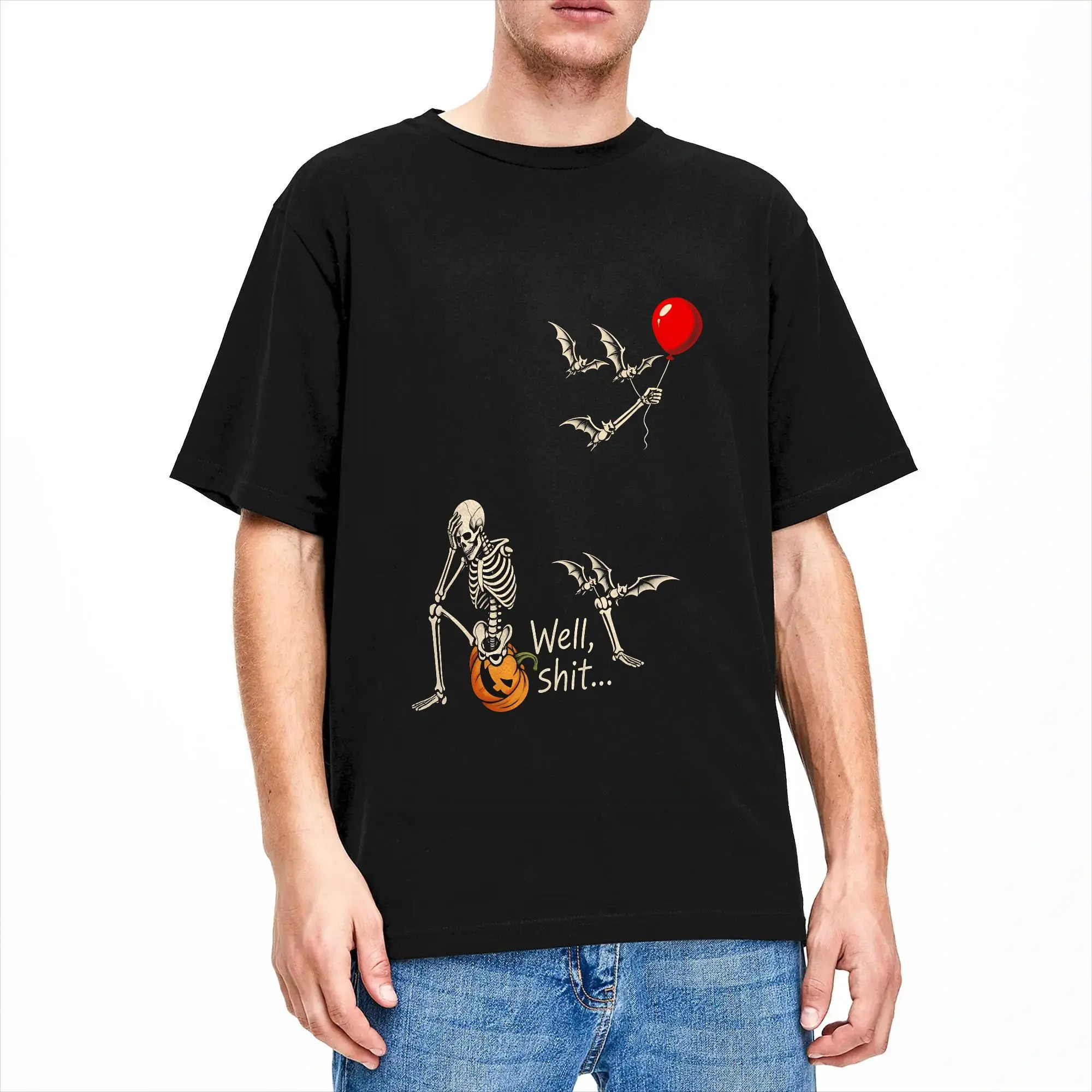Casual T-Shirt Summer Well Sht Halloween Skeleton Pumpkin Spooky Night Novelty T-Shirts  100 Cotton Tee Shirt Short Sleeve Tees