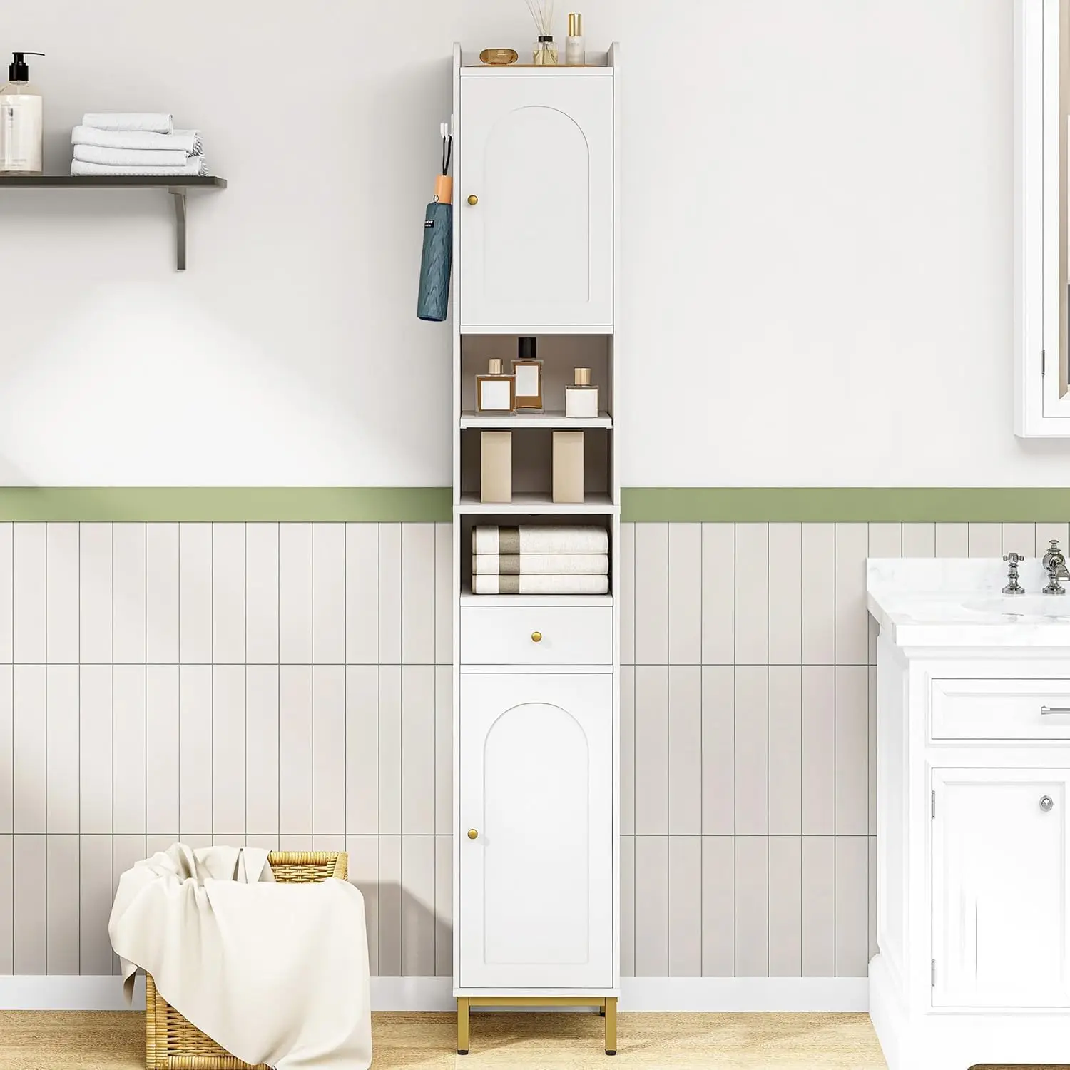 Bathroom Cabinet With Adjustable Shelves Doors Drawer Freestanding Tall Floor Storage Cabinet Narrow Toilet Paper Organizer Frame Wooden Utility Tower White view 2