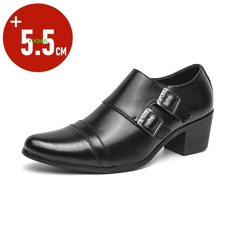 

Men Elevator Shoes 5.5cm Height Increase Double Row Buckle Slip On Leather Loafers Formal Business Banquet Wedding Casual Shoes