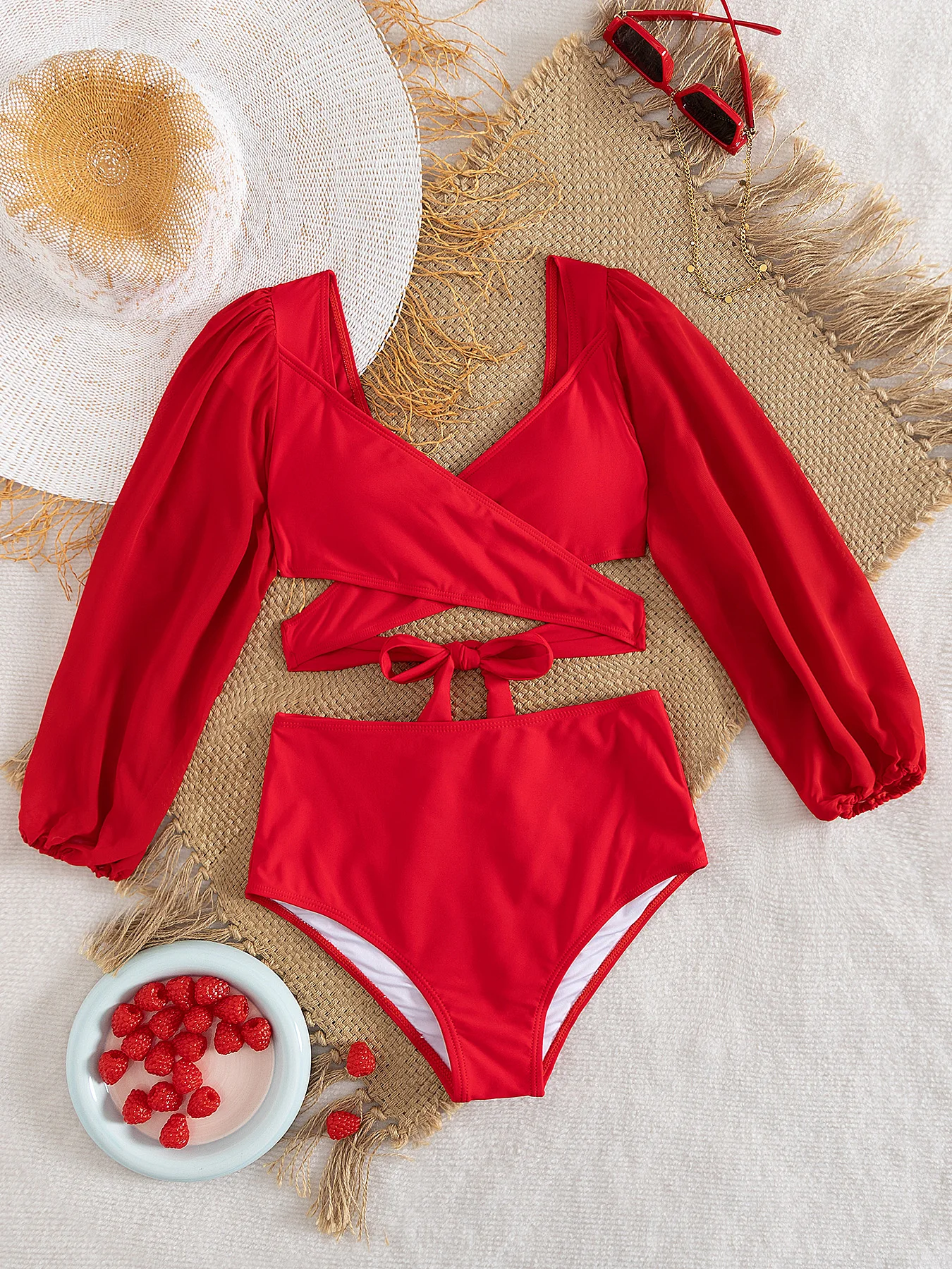 

2025 сексуальный винтажный купальник красного цвета с плиссированной талией и оборками идеально подходит для пляжной одежды, вечеринок у бассейна, пляжного отдыха