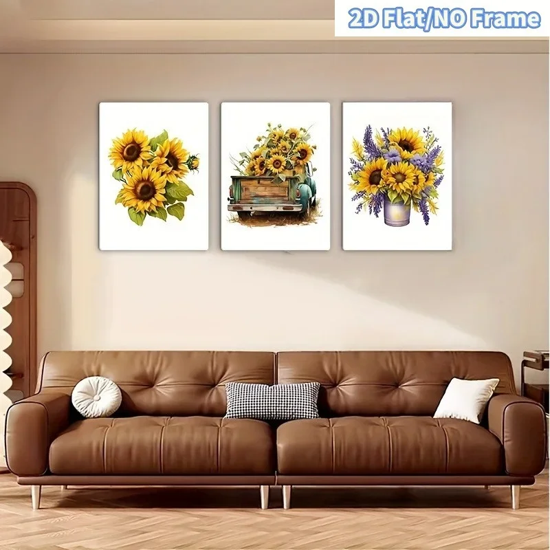 2D Flat, 3pcs Frameless Vertical Modern Minimalist Sunflower Wall Art Suitable for Farmhouse, Vertical Wildflower Canvas Post