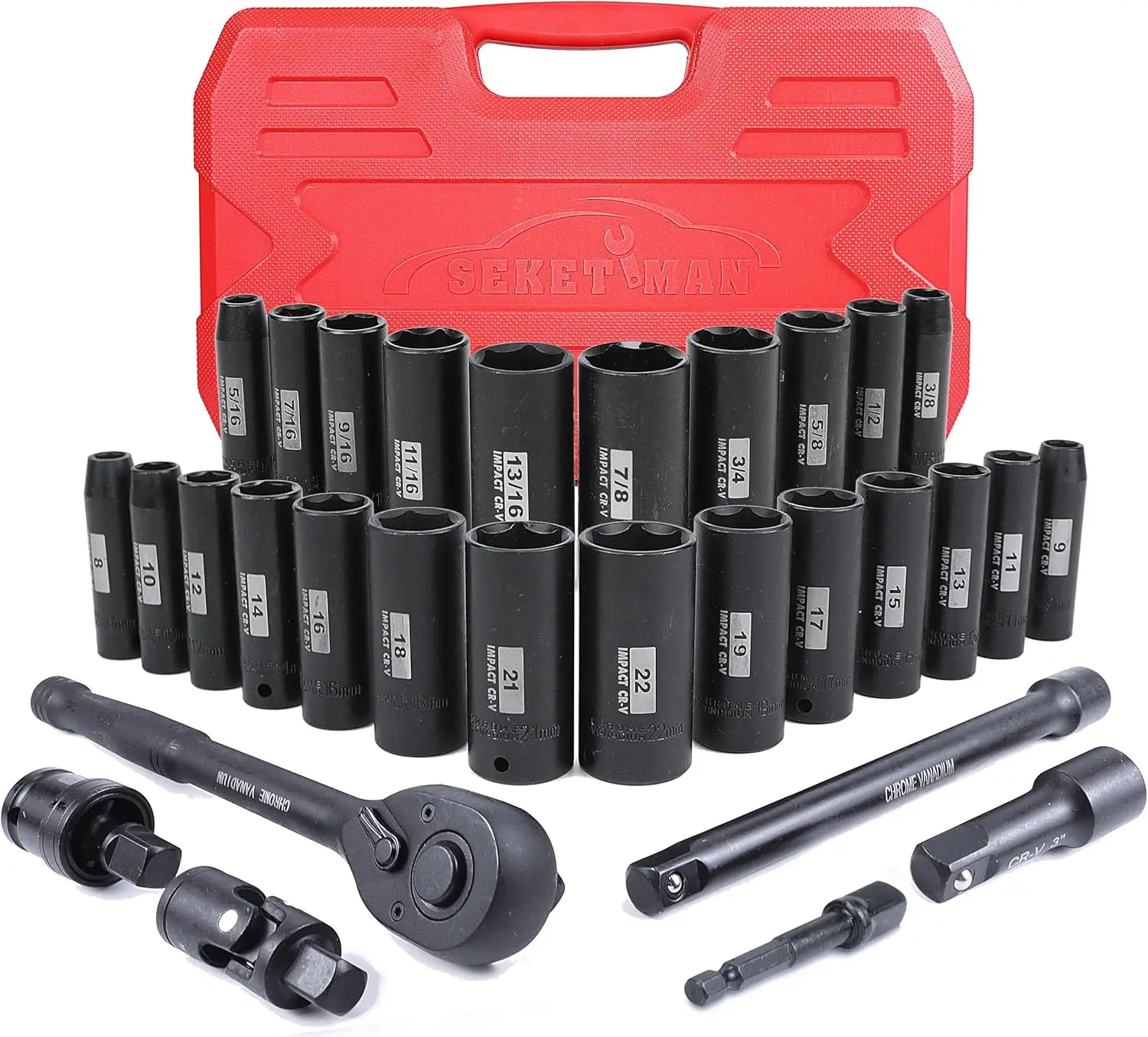 

30pcs 3/8' Deep Impact Socket Set, Metric/SAE (5/16'-7/8', 8mm-22mm), CR-V Steel, Includes Extension, Universal Joint, Ratchet