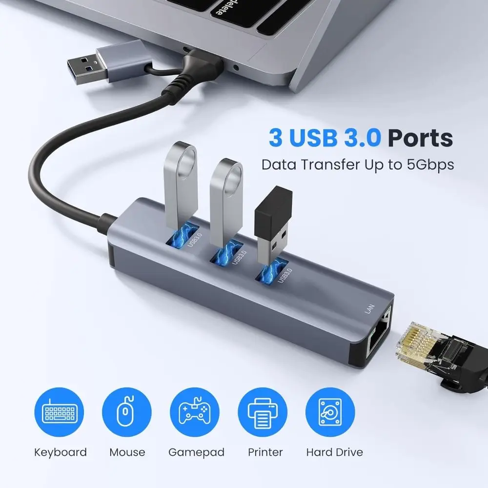 

4 in 1 Drive Free USB Hub Plug Play USB 3.0 Ethernet Adapter Multi-Port RJ45 Adapter Laptop