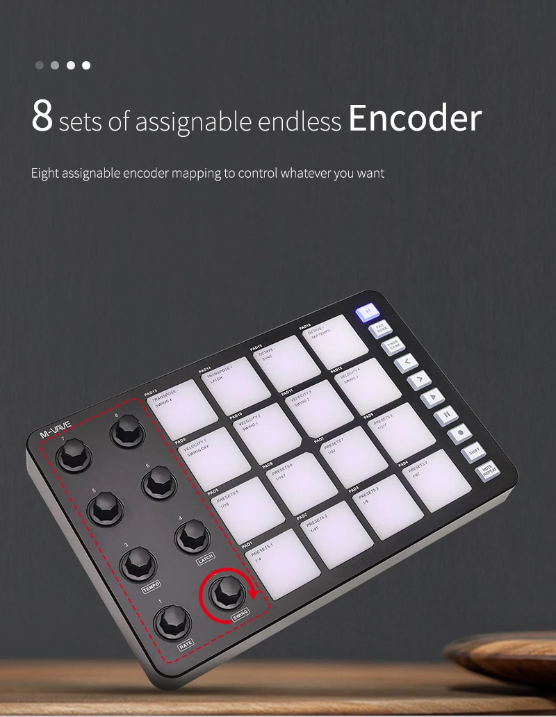 M-VAVE SMC-PAD MIDI Controller – 16 RGB Pads, 8 Knobs, 5 Buttons