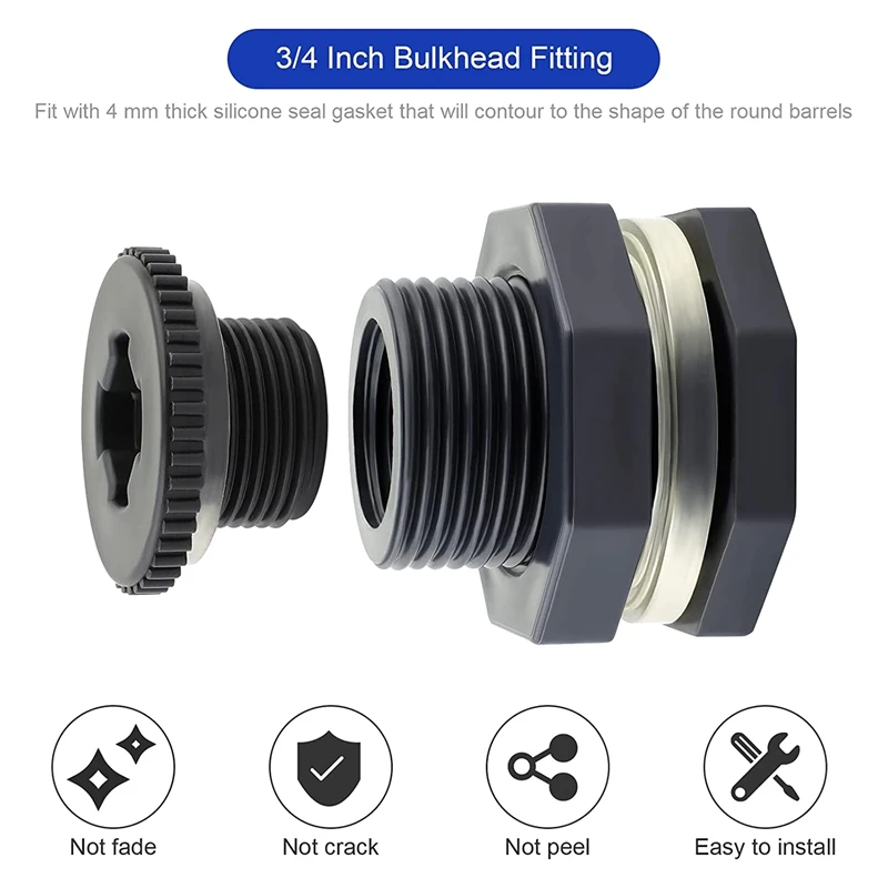 Bulkhead Fitting 3/4 Inch, 5 Pcs PVC Double Threaded Water Tank Connector For Rain Barrels, Tubs, Pools