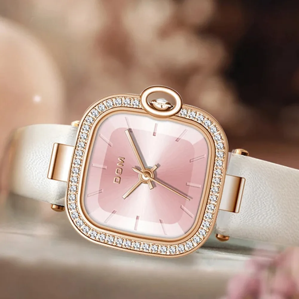 DOM New Square Simplicity Fashion Leather Brand Casual Women\'s Quartz Girl Pink Clockwise Waterproof Watch Souvenir Gift1371