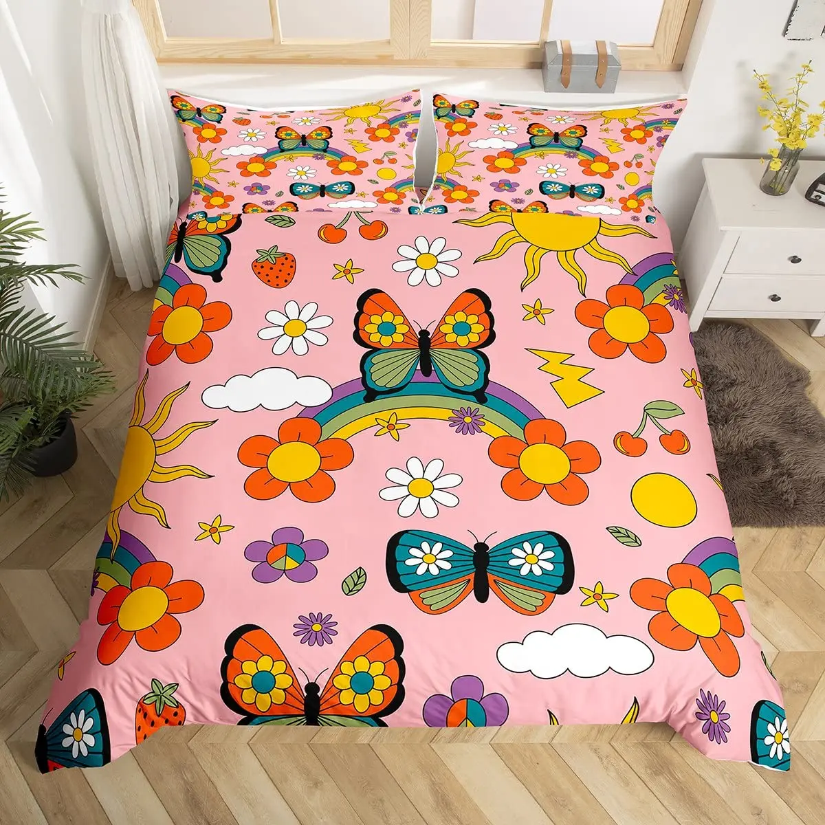 Vintage Groovy Flower Duvet Cover Cute Rainbow Butterfly Bedding Set Retro Floral Boho Pink Comforter Cover with 2 Pillow Case