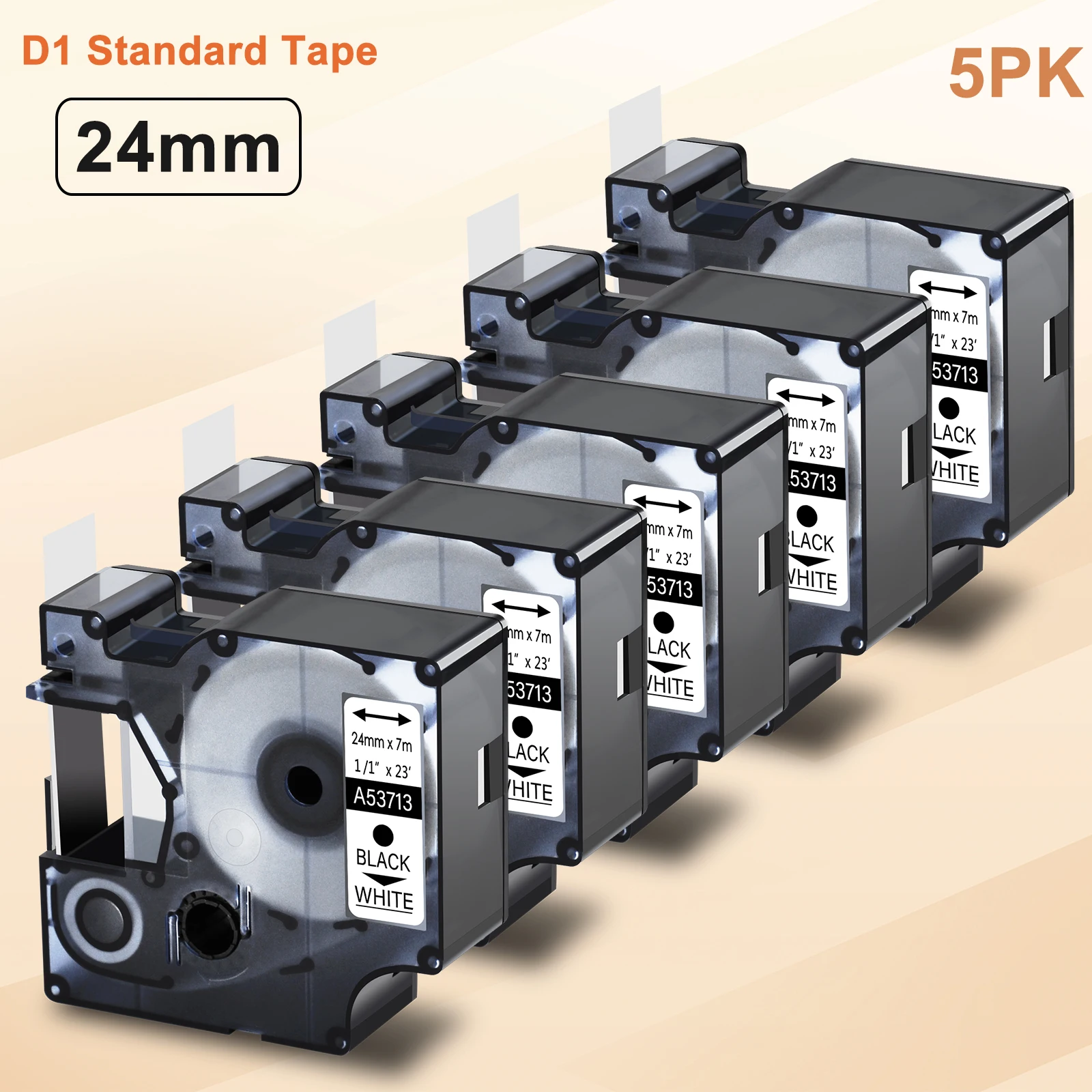 

5PK 24mm D1 Standard Tape Labels Compatible for Dymo 53713 Black on White Laminated Label for LabelManager 450D 500TS Printers