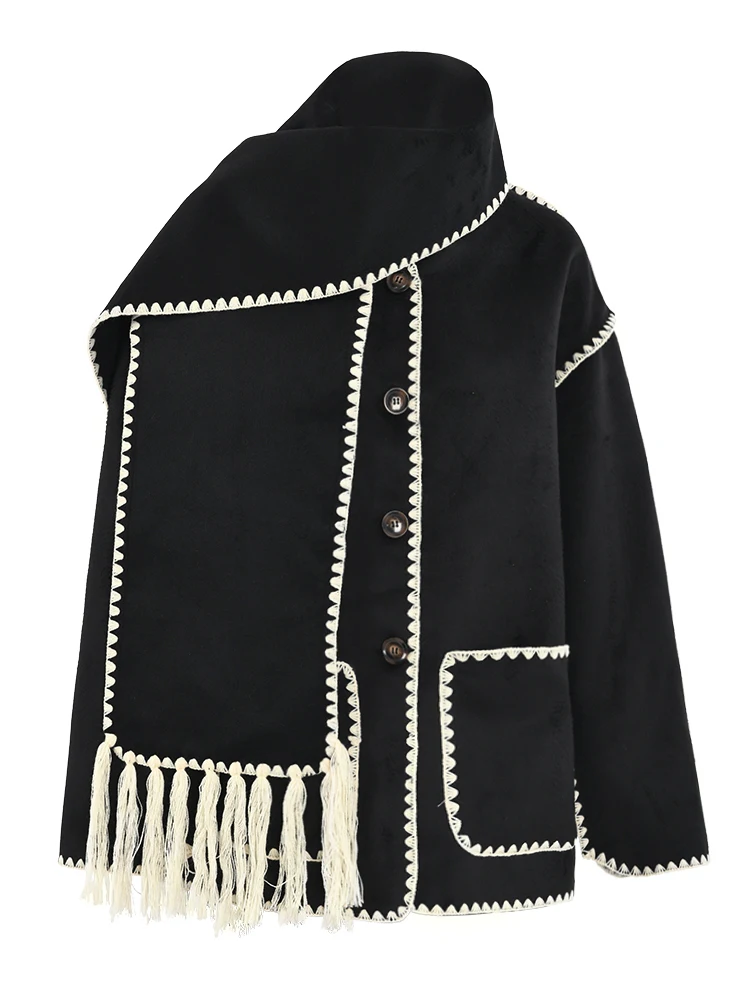 

STUDIO Bla High-End Color Blo Fringe Single Button Scarf Collar Woolen Coat Women's Autumn Winter ort Overcoat