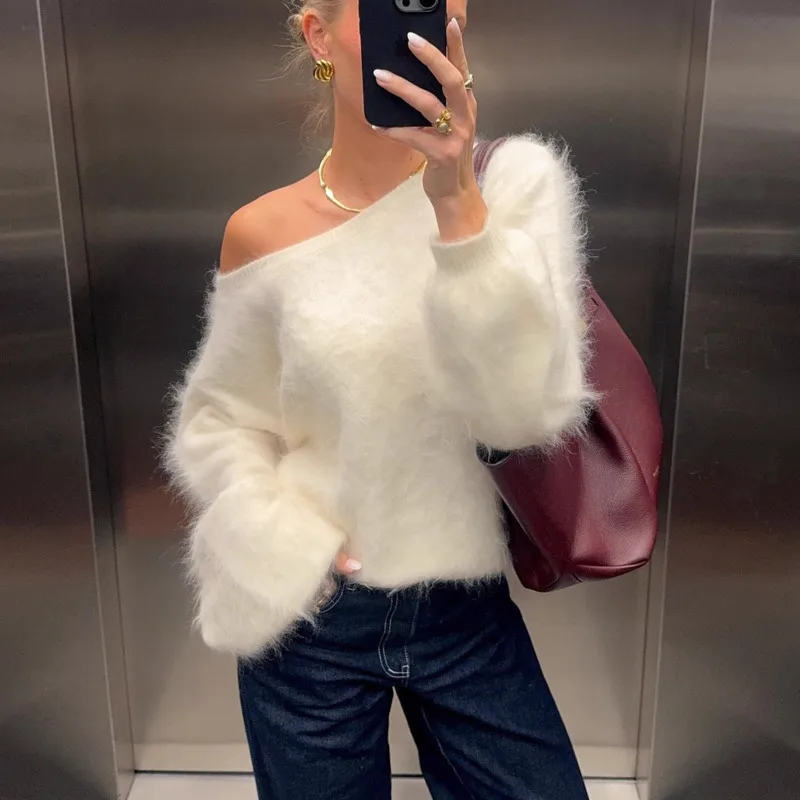 

Solid Color Gentle Soft One-Shoulder Sweater Knitted Top Autumn Winter Women's Elegant Demeanor Versatile Loose Sweater Pullover