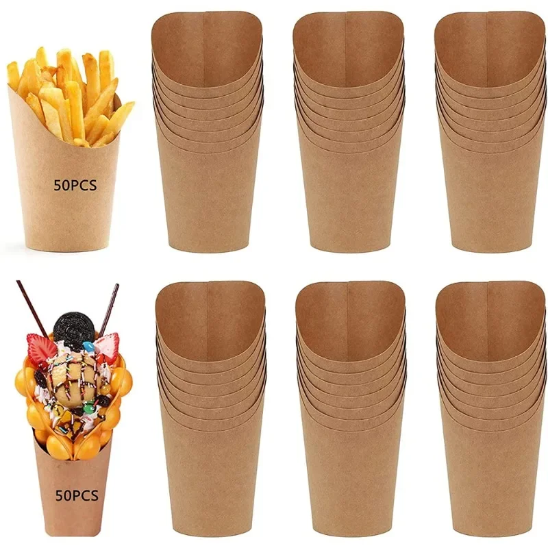 French Fries Cups 100Pcs Disposable Kraft Paper Cups Snack Containers Charcuterie Take-Out Party Dessert Supplies Baking Cups