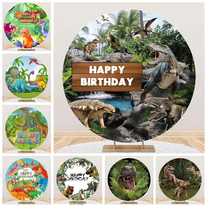 

Dinosaurs Themed Round Photo Backdrop Safari Jungle Green Leaves Child Kid Birthday Customized Photography Backgrounds