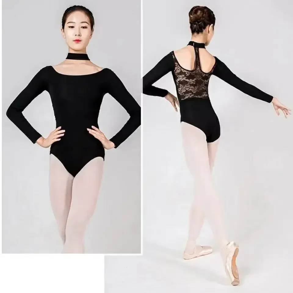 Collant de balé para mulheres, roupa de dança vazada com gola alta, roupas de bailarina adulta, manga longa, traje de banho