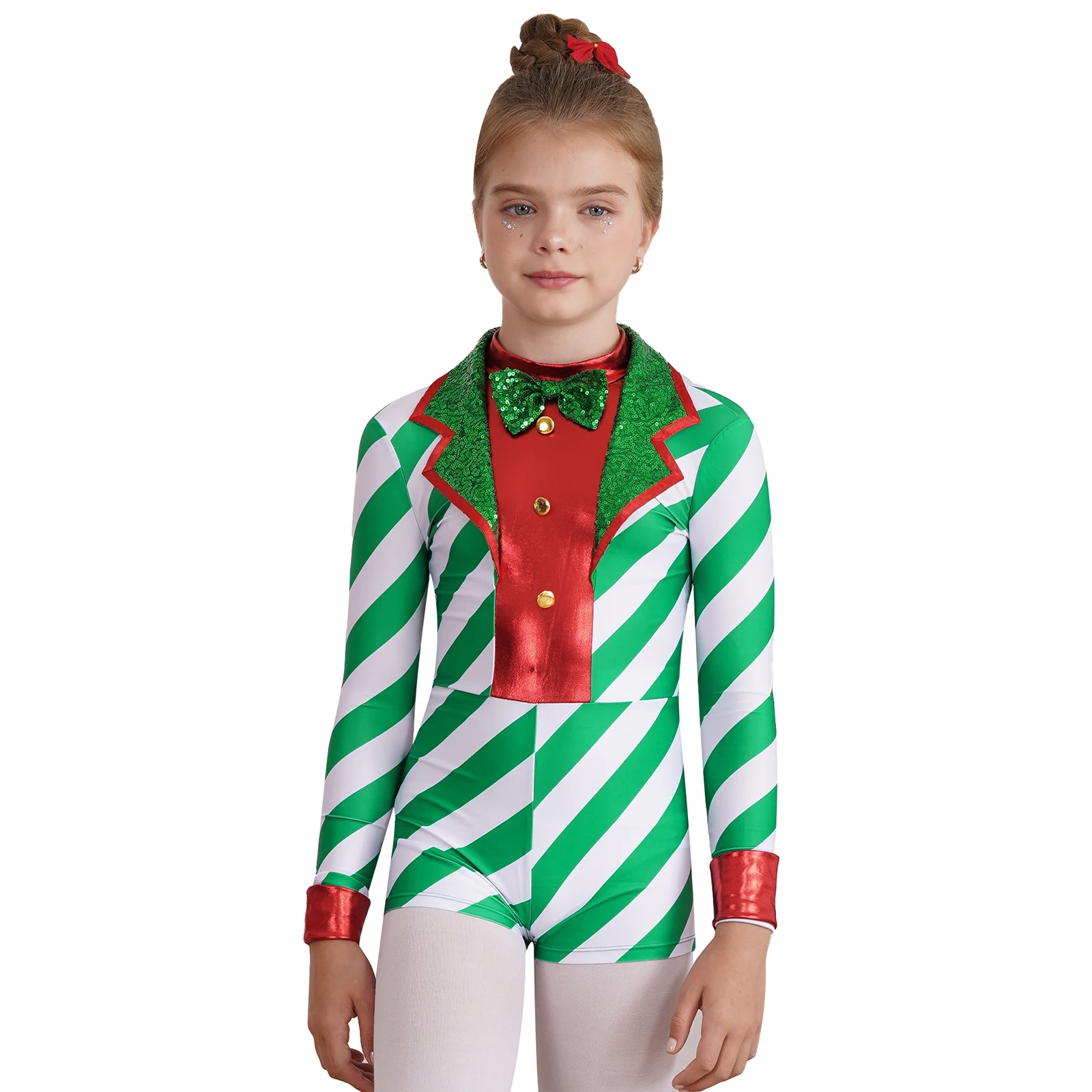 

Girls Christmas Striped Bodysuit Xmas New Year Party Santa Claus Cosplay Costume Long Sleeve Ballet Gymnastics Dance Leotard