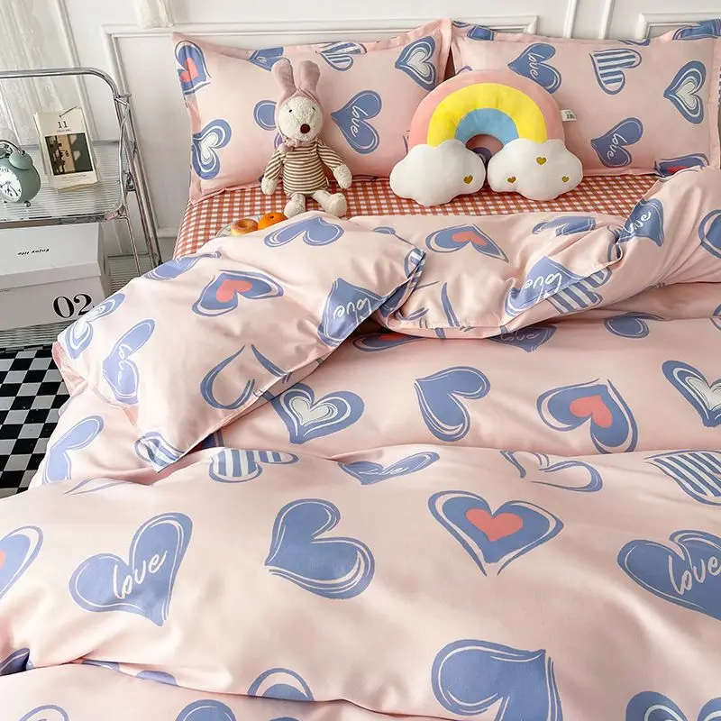 

Korean Style Bedding Set Twin Queen Size Cute Loving Heart Duvet Cover Flat Sheet Pillowcase Polyester Princess Girl Bed Linen