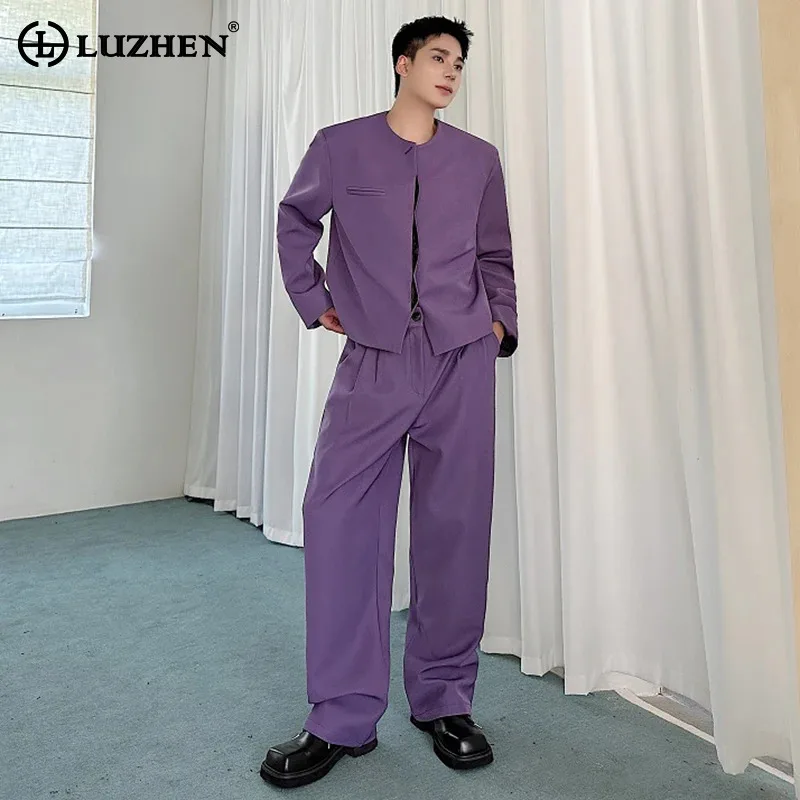 LUZHEN Spring Korean Round Neck Short Suit Set Simple Elegant Men Casual Trendy Handsome Straight Pants Formal Two-piece LZ7650