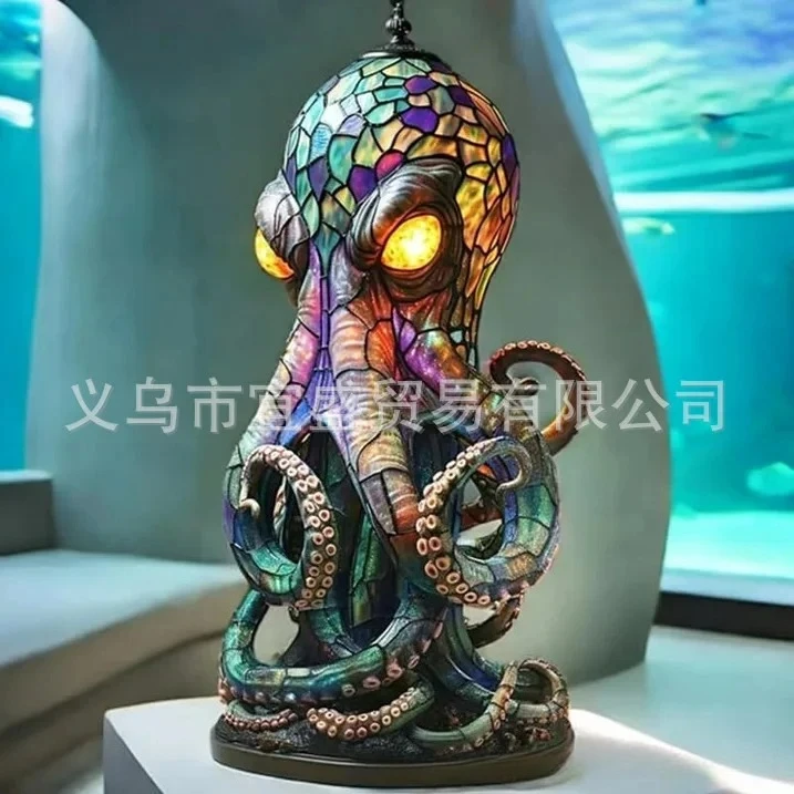 Stained Glass Style Resin Octopus Lamp Decorative Table Night Light Unique Ocean Animal Design Living Room Bedroom Ambient