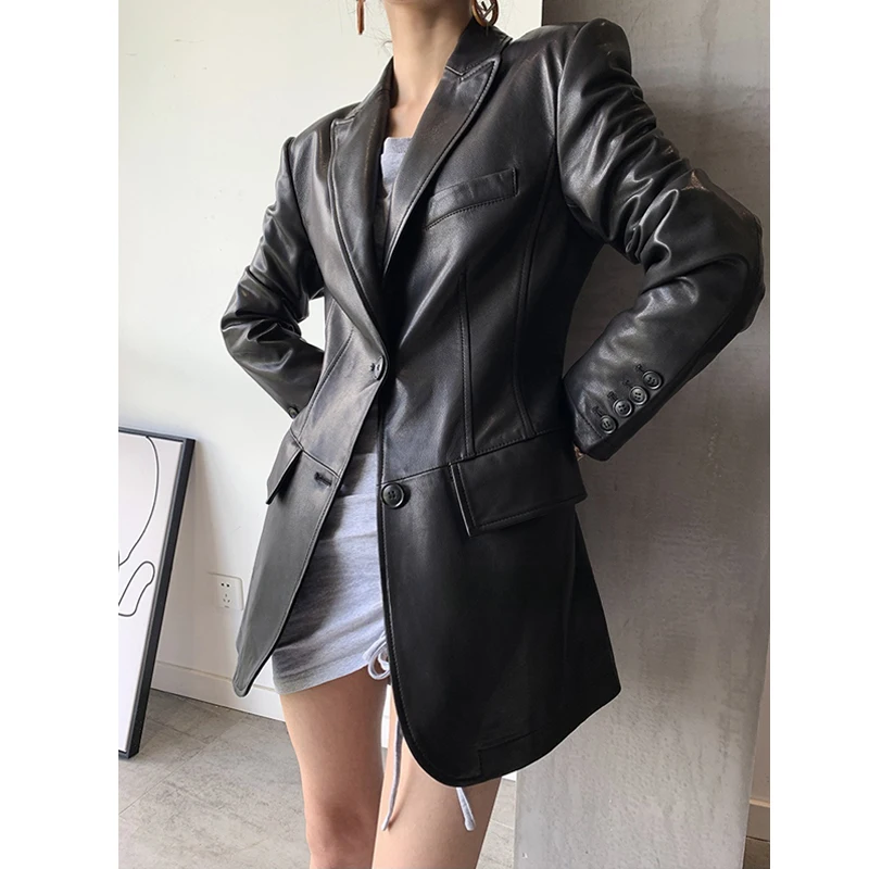 Blazer de Luxe en Cuir group pour Femme, Veste Slim à Taille Sailletée, Rembourrée, en Peau de Mouton, à la Mode, 2024