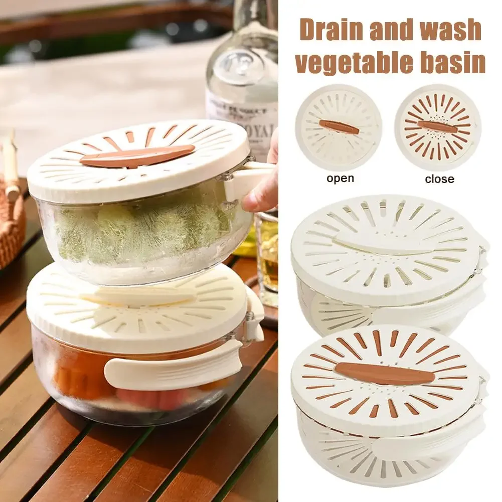 Fruit Drain Basket with Lid Vegetable Washing Bowl Foldable Handle Cleaning Colander Plastic Refrigerator Crisper Kitchen Box