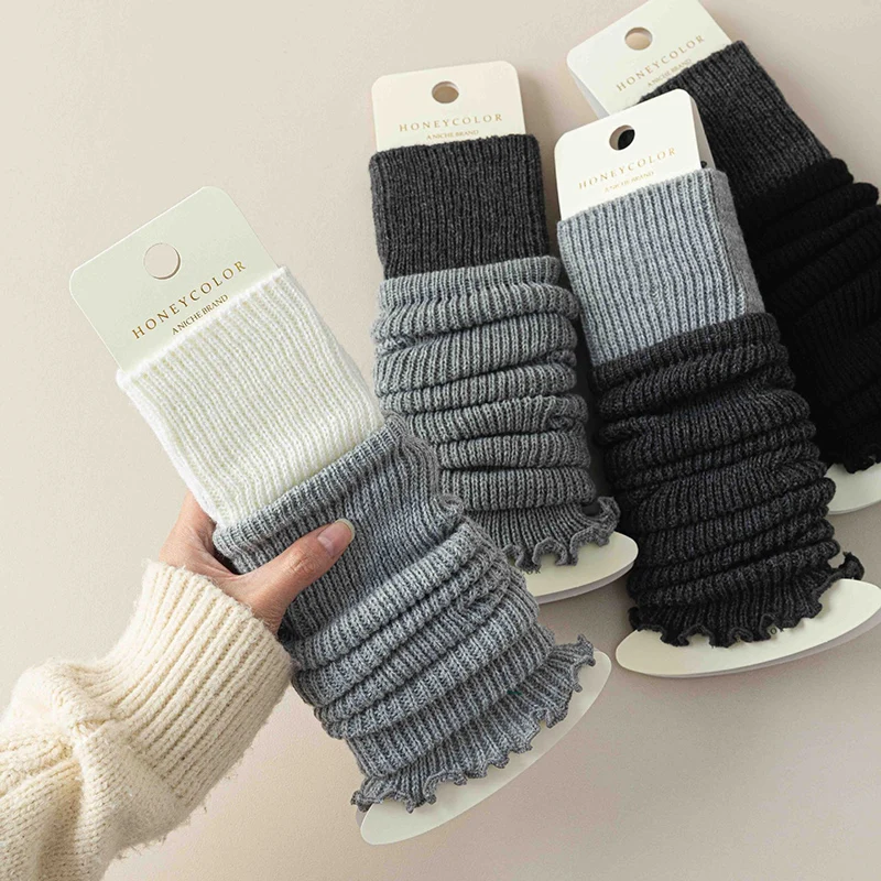 Retro black and gray color blocked pile socks for women autumn and winter solid color thick thread leg covers y2k calf socks