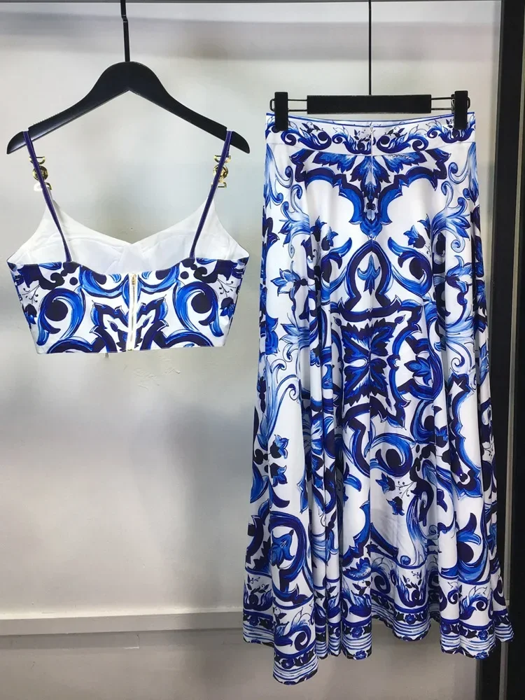 Summer Holiday Blue And White Porcelain Two Piece Set Women's Spaghetti Strap Padded Cup Zipper Print Short TopLong Skirt Suits