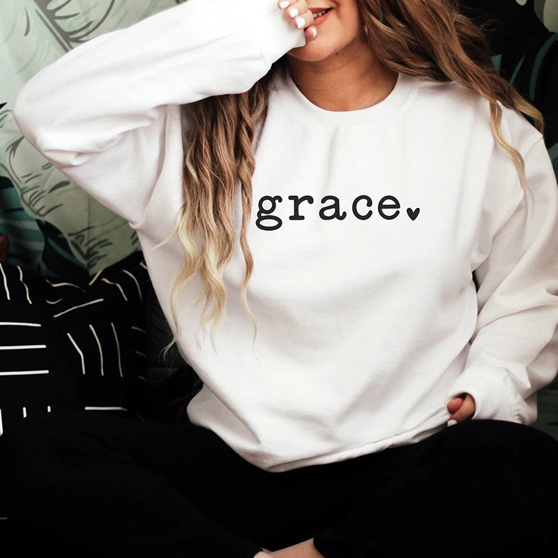 Grace Love Heart Religious Sweatshirt Women Long Sleeve Streetwear Outfits Christian Jesus Bible Hoodies Ladies Top Dropshipping