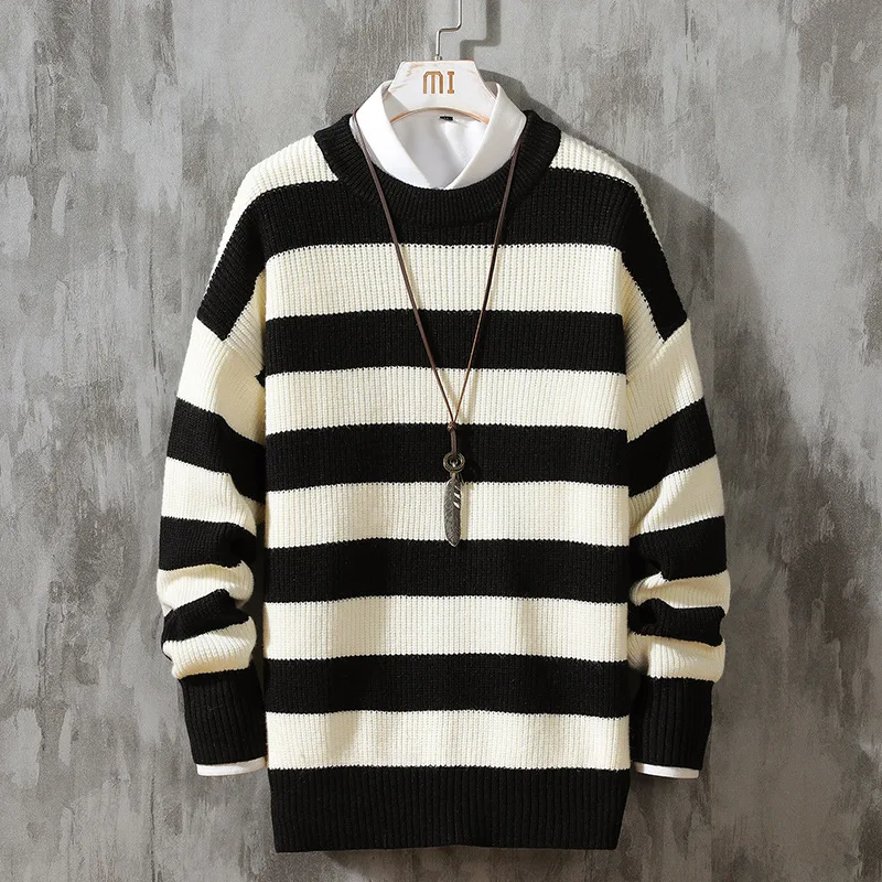 

Autumn Winter Striped Knitted Sweater Men New O-Neck Inside Long Sleeve Pullovers Men Casual Sweater Pullovers