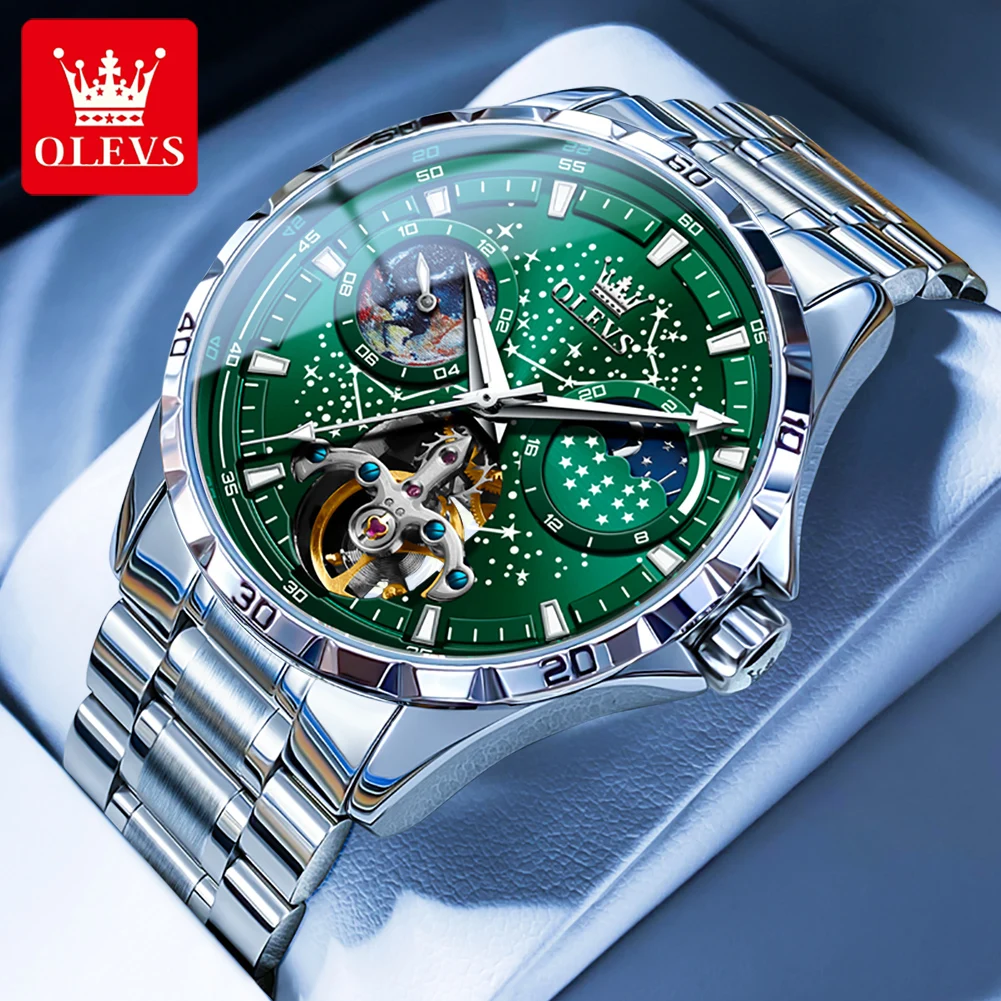 OLEVS Herrenuhren, wasserdicht, multifunktional, leuchtend, vollautomatisch, mechanische Uhr, Mondphase, Sternenhimmel, Original-TOP-Marke