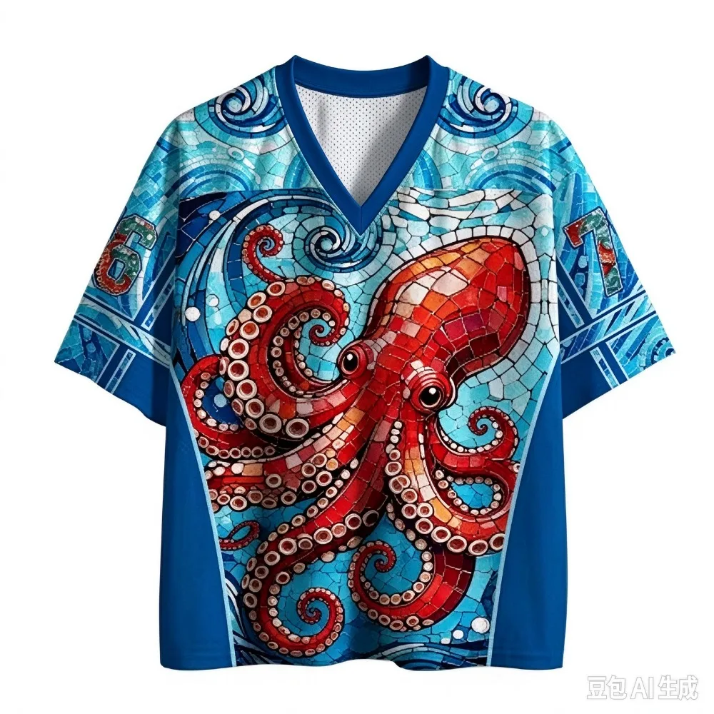 Mosaic Octopus Waves Pattern 3DPrint Sport Quickdry Breath Men V-neckT-shirt Outdoor Street Casual Fashion Training Parent-Child