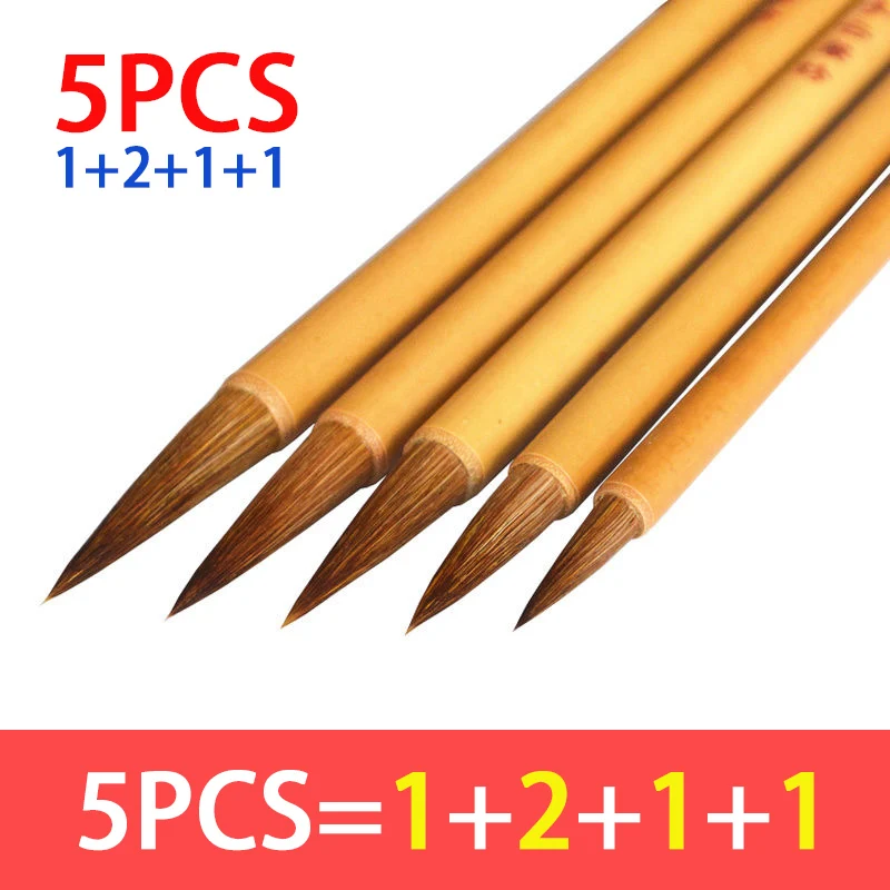 5pcs Beginner Calligraphic Brush Set Bamboo Chinese Paint Brushes Soft Weasel Hair Writing Brush Art Watercolor Drawing Pen