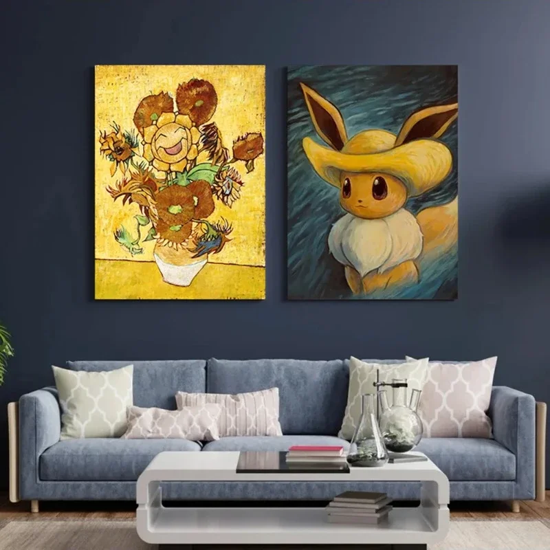 Van Gogh Museum Pokemon Anime Figures Pikachu Watercolor Painting Canvas Posters and Prints Wall Art Picture for Living Room