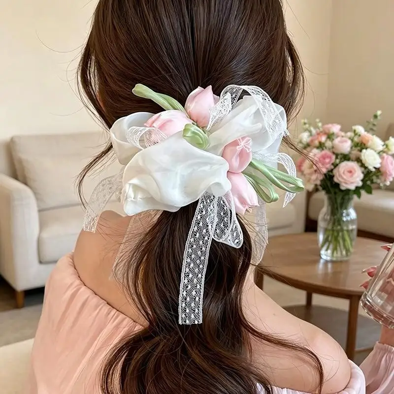 Haargummis für Damen, neue koreanische Tulpen, süße, zarte Spitze, vielseitige elastische Haarbänder, hochwertige Haaraccessoires für Mädchen – Detail 2
