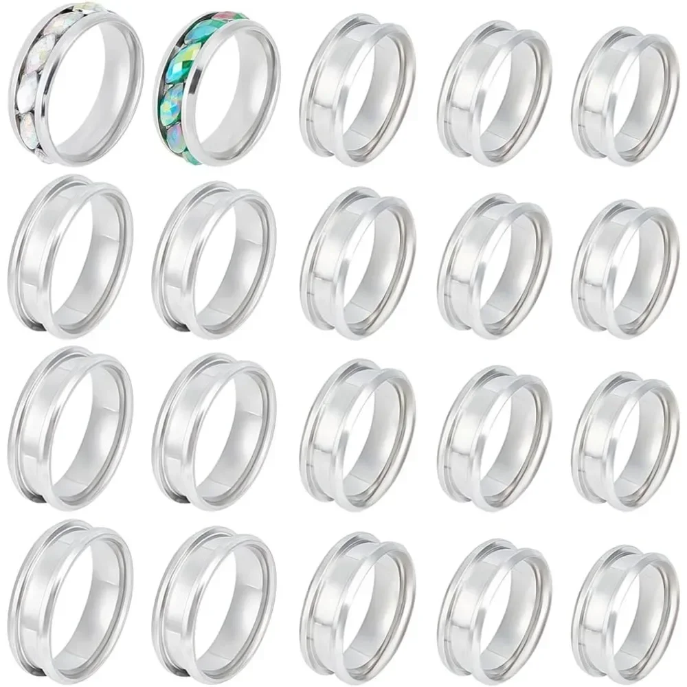 20Pcs 5 Size Grooved Inlay Rings Stainless Steel Wide Round Empty Blank Core Settings for Wedding Ring Jewelry Making Size 18~22