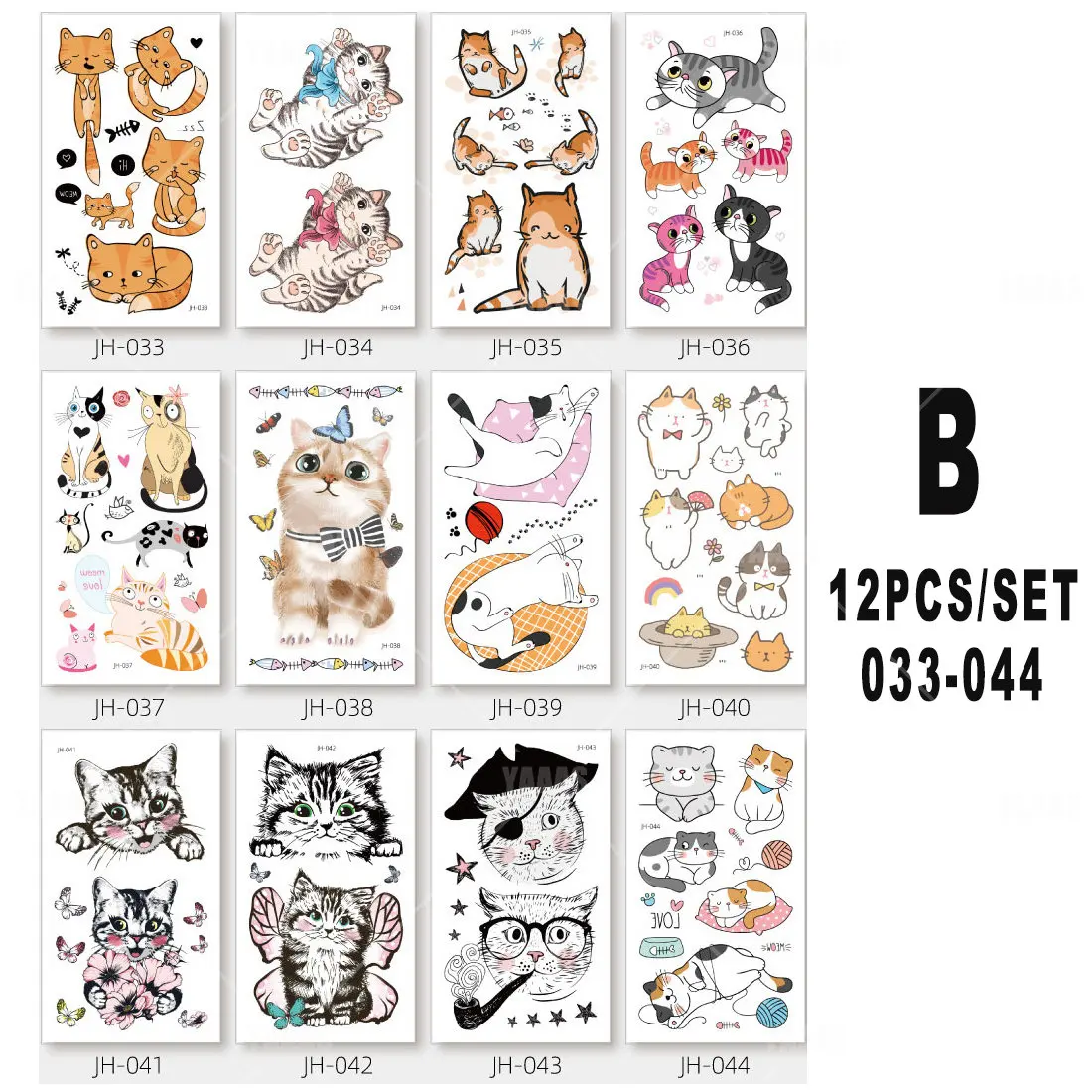 12Pcs Animals Cat Temporary Tattoo Sticker Watercolor Tattoos for Women Body Art Child Girls Hand Water Transfer Fake Tattoo