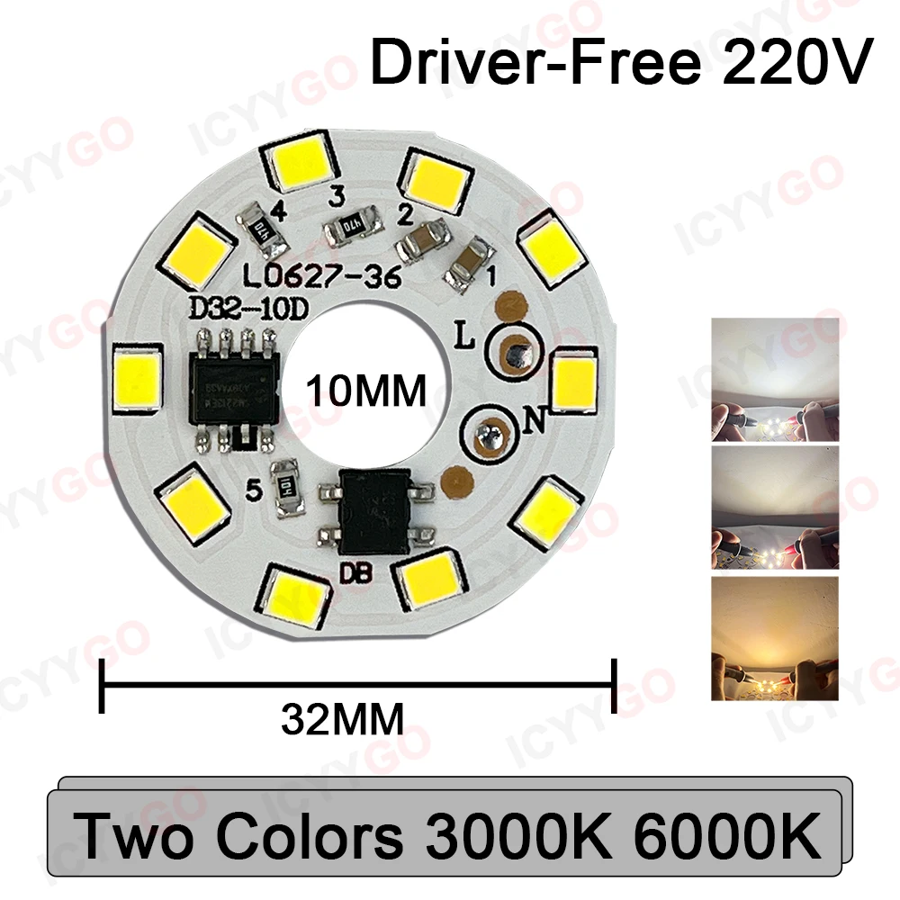 LED Bulb SMD Light SMD Board Round Module Light Source Cricket Bulb Light AC 220V LED Downlight Chip Spotlight Double Color 32MM