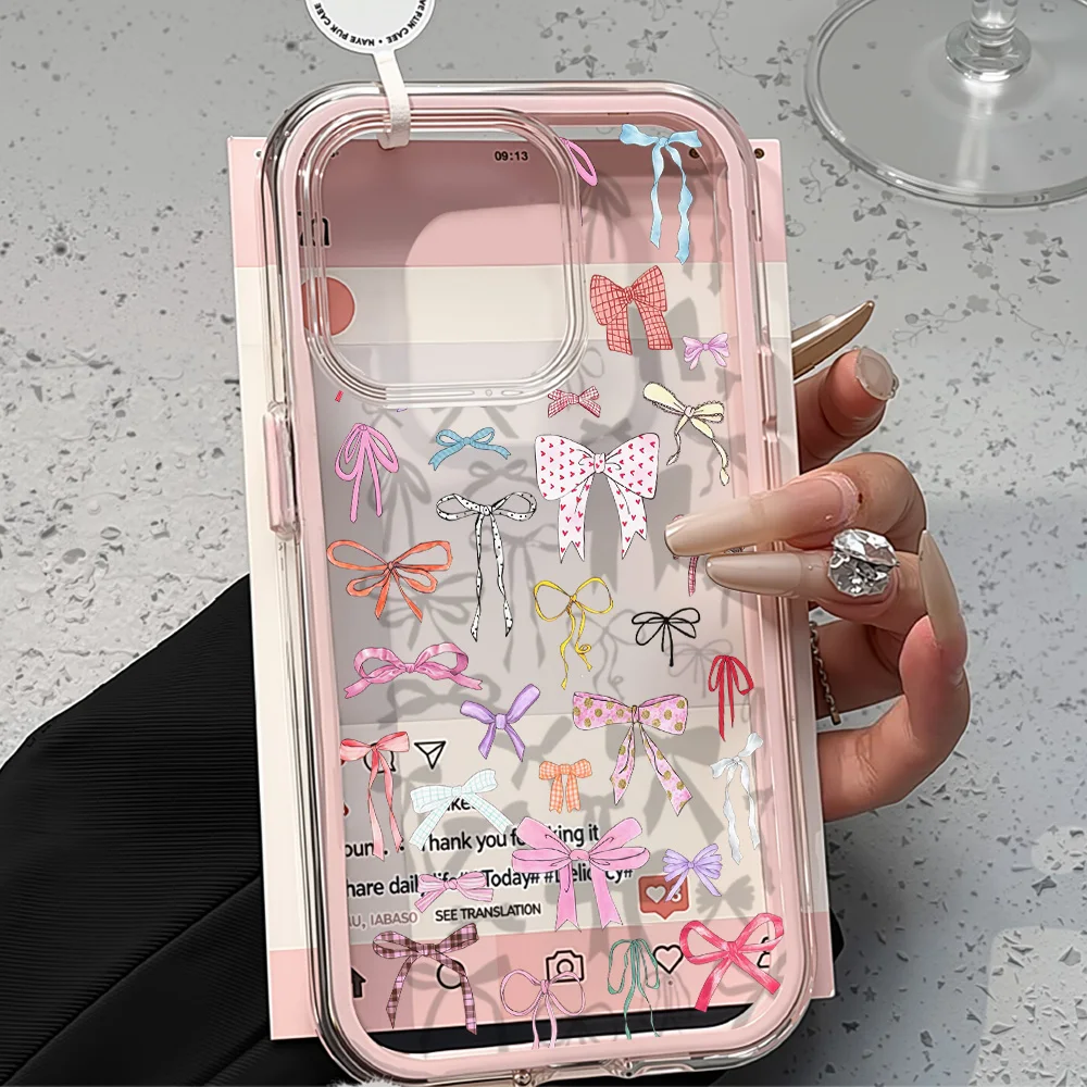 Bunte Schleife Handyhülle für iPhone 17, 16, 15, 14, 13, 12, Pro Max 17, luftstoßfest, Bonbonfarbener Rahmen, klare Stoßstangen-Rückseite