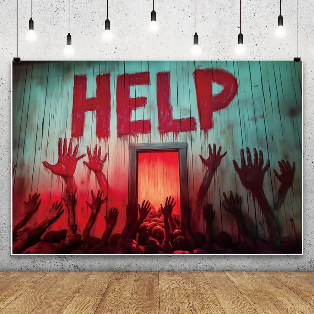 Horror Halloween Photography Background Green Wooden Door Wall Bloody Red Ghost Paw Prints Zombie Help Halloween Party Backdrops