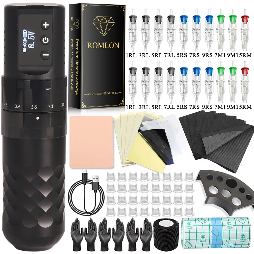 

Беспроводная тату-машинка, набор ручек, 7 стоек, регулируемый бессердечный двигатель, набор ручек для татуировки, картриджные иглы, боди-арт, беспроводной набор для татуировки