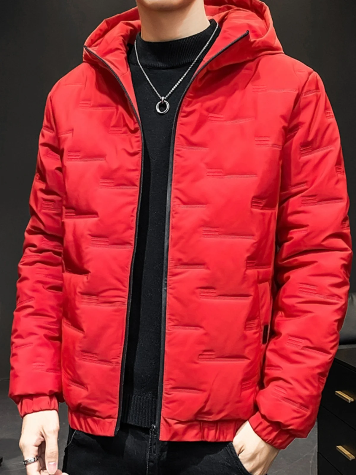 

Утепленная красная хлопковая куртка для мужчин с капюшоном, теплая, для зимы, весны и осени, повседневная, приталенного кроя, из полиэфирного волокна, верхняя одежда