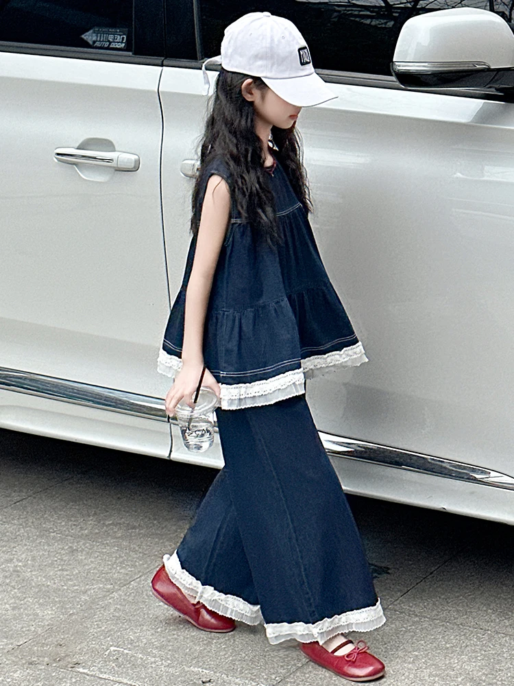 girls-summer-denim-set-sleeveless-flounce-top-wide-leg-pants-casual-two-piece-children's-clothing-lightweight-breathable